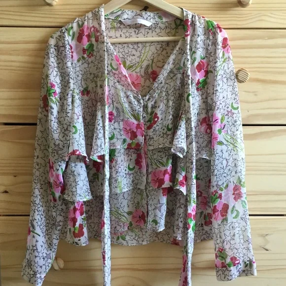 Zara Ruffled Star Floral Tie-Neck L/S Blouse M - Picture 4 of 8